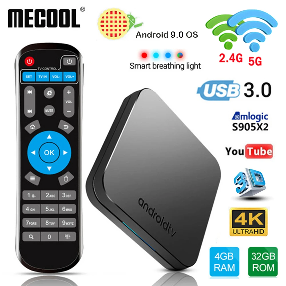 

MECOOL KM9 Amlogic S905X2 Quad core Android 9.0 Smart TV Box 4G DDR4 32G EMMC Set Top Box 4K 3D H.265 2.4G/5G Wifi Media Player