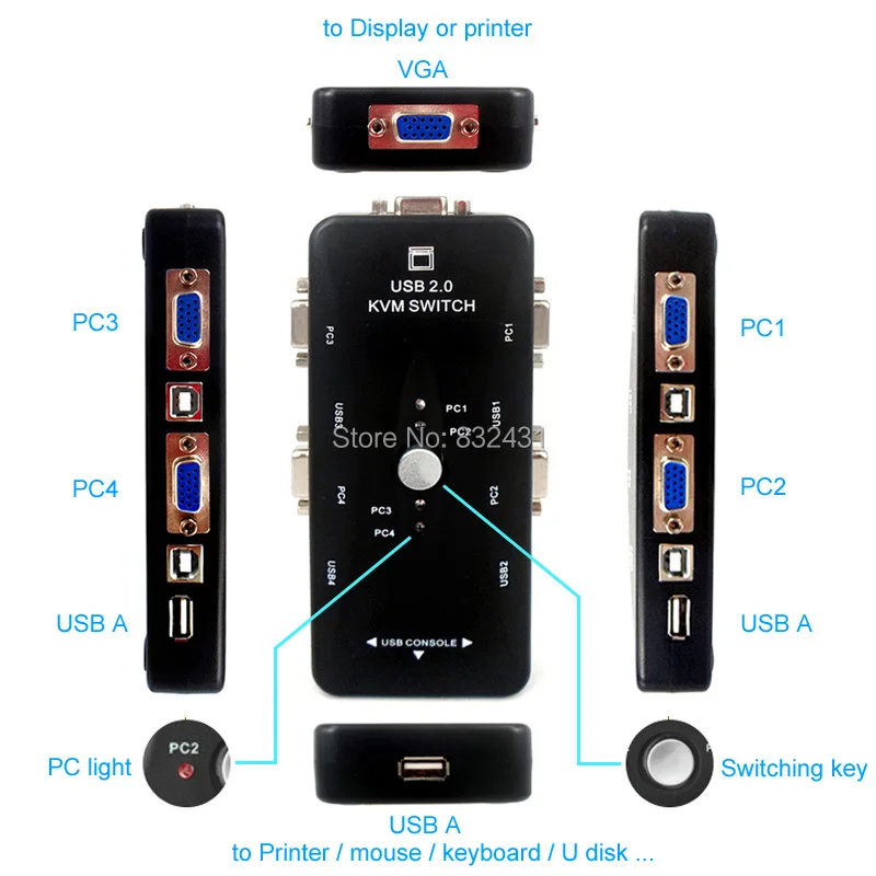 Черный 4 порта USB 2,0 KVM переключатель коробка адаптер соединяет принтер монитор использование 1 комплект клавиатура мышь управление 4 компьютера