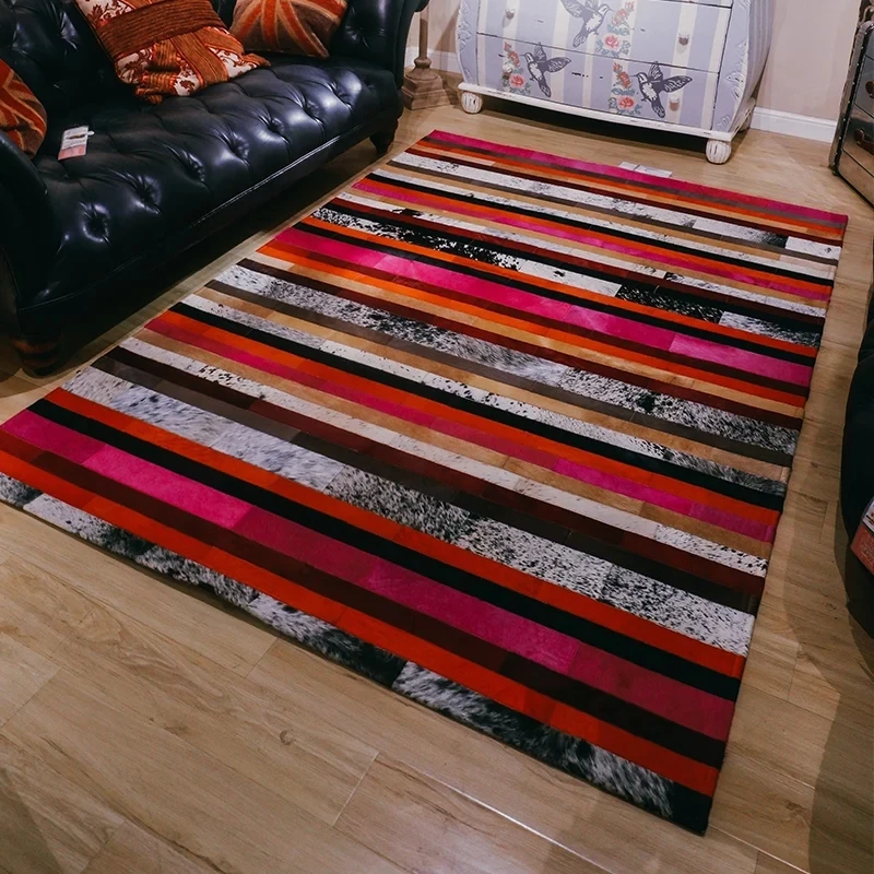 luxury cowhide seamed square striped carpet, natural cow skin hide