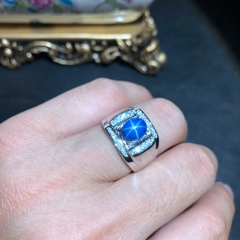 

masculine blue natural Star Sapphire gemstone ring for men