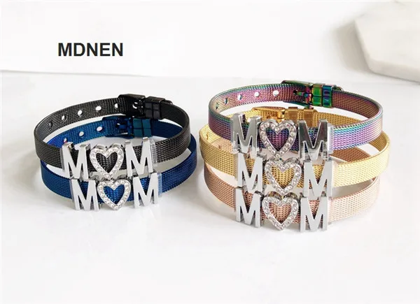 

Stainless Steel Keeper Mesh Bracelet with 3pcs "MOM" Slide Charms, Keeper Bracelets, DIY Jewelry Gifts