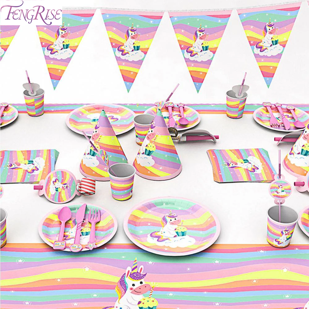 

FENGRISE Disposable Party Tableware Paper Napkins Plates Disposable Tableware Paper Straws Cups Unicorn Birthday Party Decor Kid