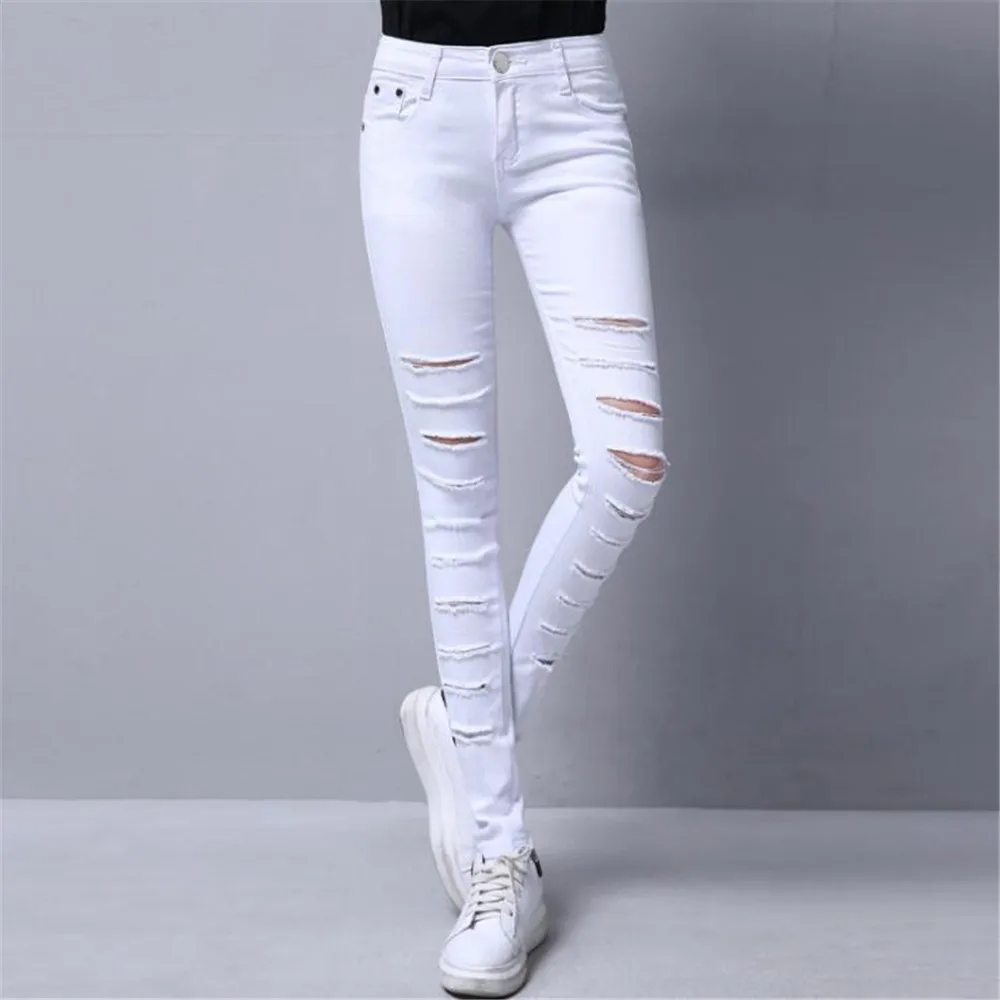 Whole cotton Hollow out hole Elastic force Pencil pants Leggings high waist jeans woman skinny women jeans mujer jean plus size - Цвет: Белый