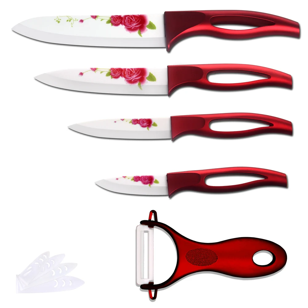 Good Grade Ceramic Knife 5 Piece Set 3 4 5 6 Inch Red Flower White Blade