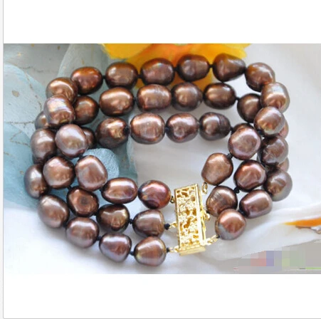 

Free shipping >>>>>>P4283 3row 8" 12mm coffee rice FRESHWATER CULTURED pearl bracelet