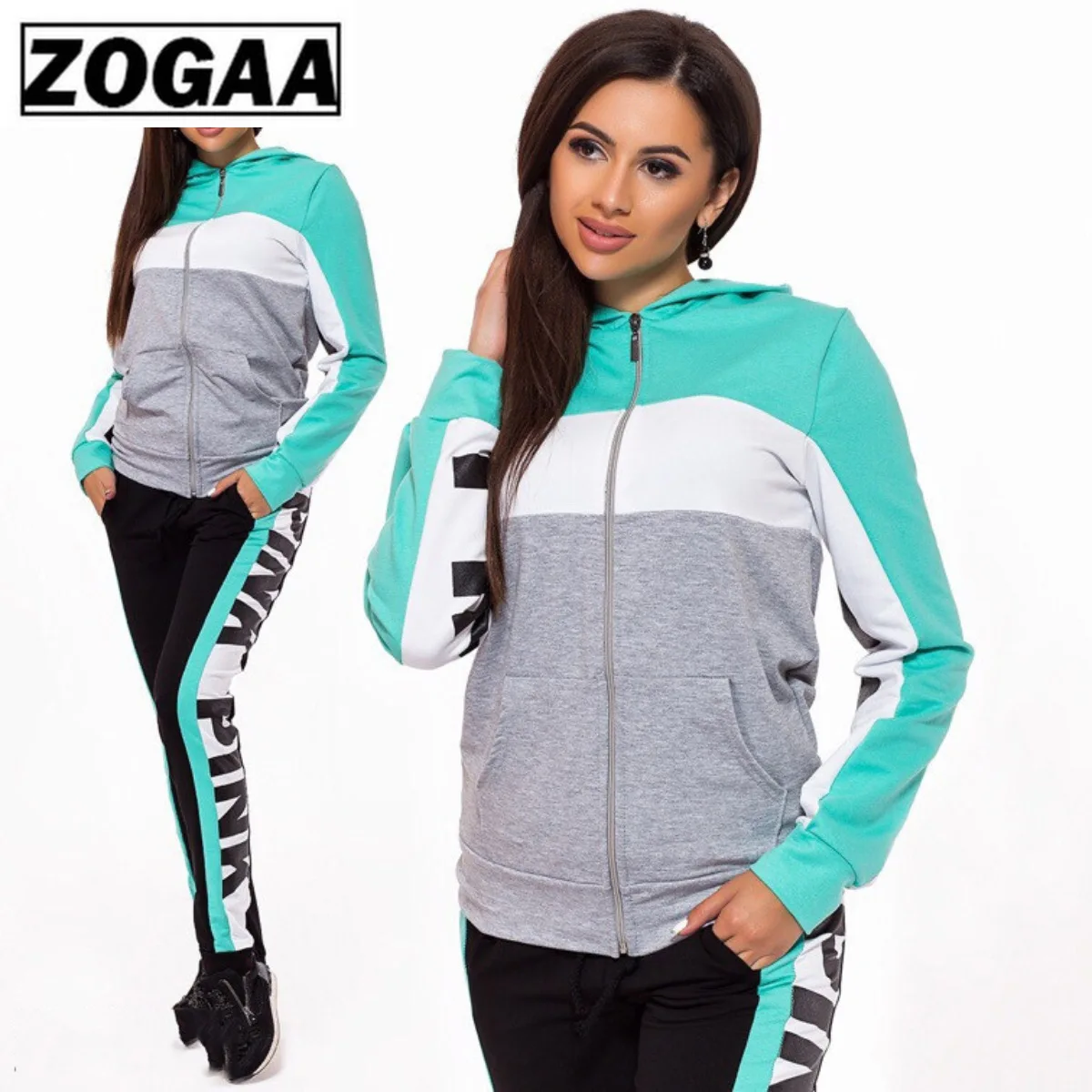 ZOGAA Color Blocking Women Suits for Sporting High Quality Cotton Polyester Hooded Running Suits with Zipper 2 Piece Fitness Set