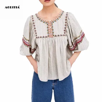

2019 Women Strip Embroidery Blouses Long Sleeve Shirt Shirts Women Tops