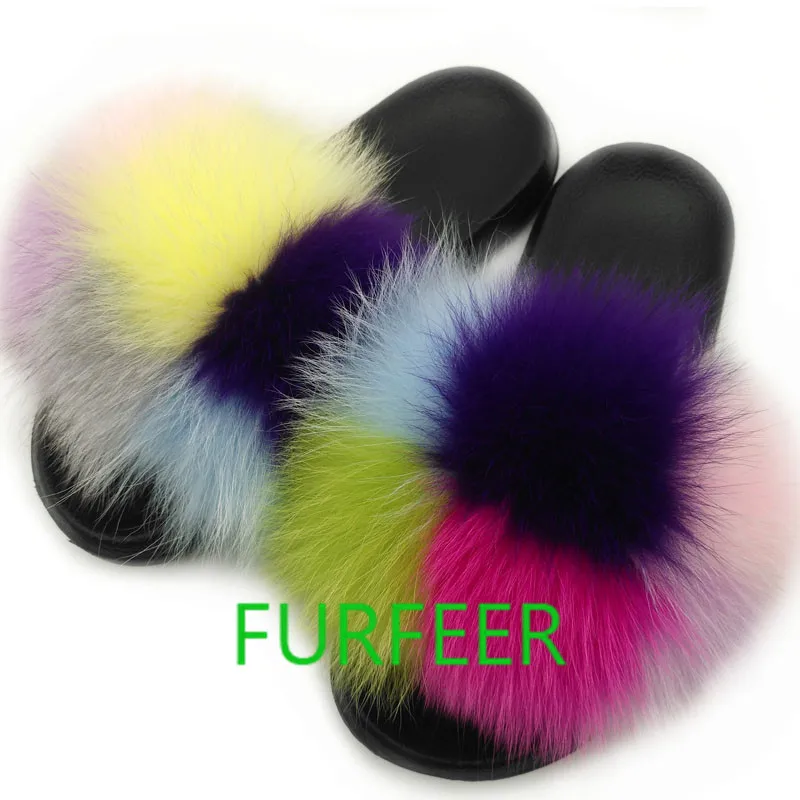 

FURFEER Women Summer Real Fox Fur Slides Ladies Cute Fluffy Fur Slippers Fashion Designer Furry Slippers Women Plush Cute Sandal