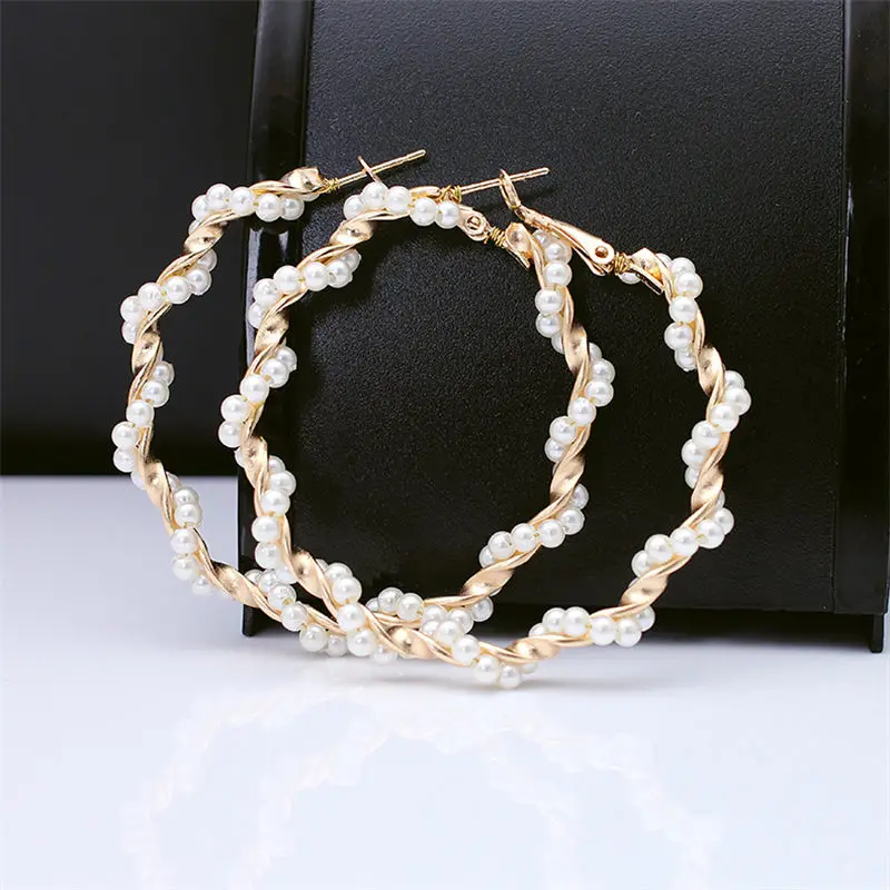 E441 New Fashion Classic Metal Round Women Hoop Earrings Korean Personality Simple Circle Pearl Earrings For Female Jewerly