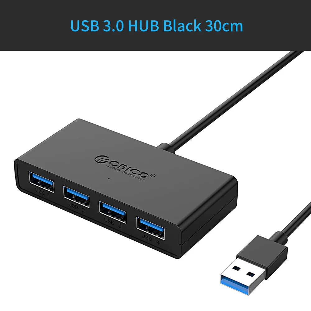 ORICO Mini USB 3,0 концентратор 4 порта питание OTG с микро USB интерфейс питания для MacBook ноутбук планшет компьютер OTG usb-хаб - Цвет: Black 30cm