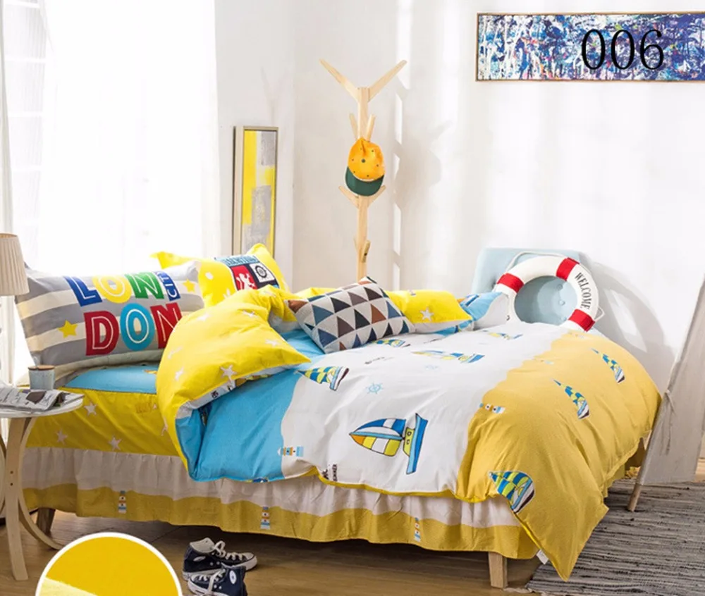 

Cotton Bed Skirt 4pcs Bedding Set Bed Skirt Duvet Cover Pillowcase bedspread Twin Full Queen King Bedclothes Sets Cartoon Boat