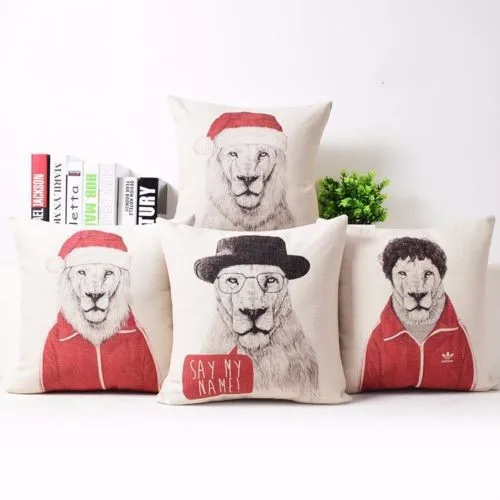 Retro Vintage Showy Lion Cushion Cover Animal Linen Throw Pillow Case Funny Lions Christmas Decorative Cushion Home Sofa Decor