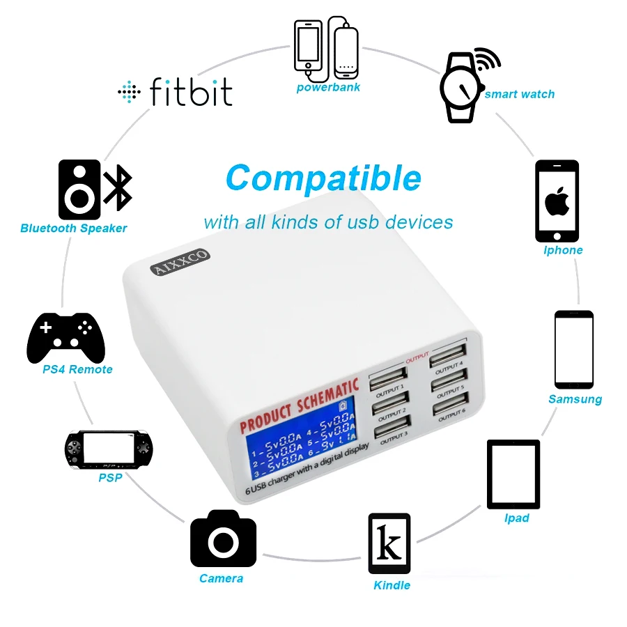 AIXXCO 6A с ЖК-цифровым дисплеем, 6 портов, USB зарядное устройство, быстрая умная зарядная станция для смартфонов, планшетов, ПК