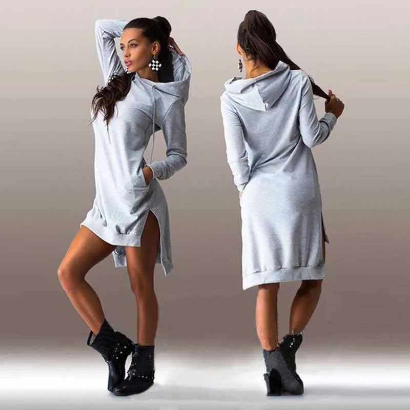 

Wavaiov 2018 New Arrival Winter Dress Cotton O-neck Long Sleeve Fashion Casual Style Irregular Solid Hooded Women's Dress