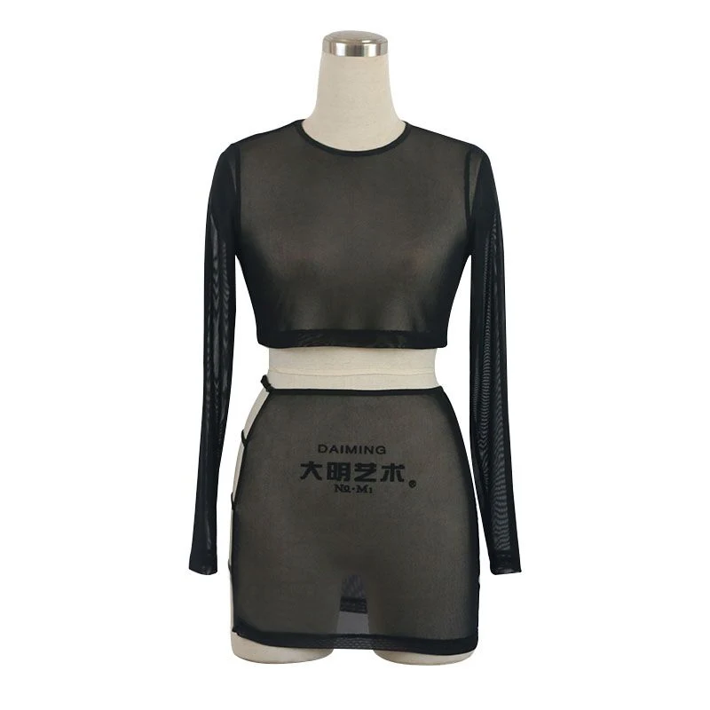BKLD сексуальные сетчатые Клубные комплекты из 2 предметов, женские летние наряды, прозрачные укороченные топы с длинным рукавом+ облегающая мини-юбка для вечеринки