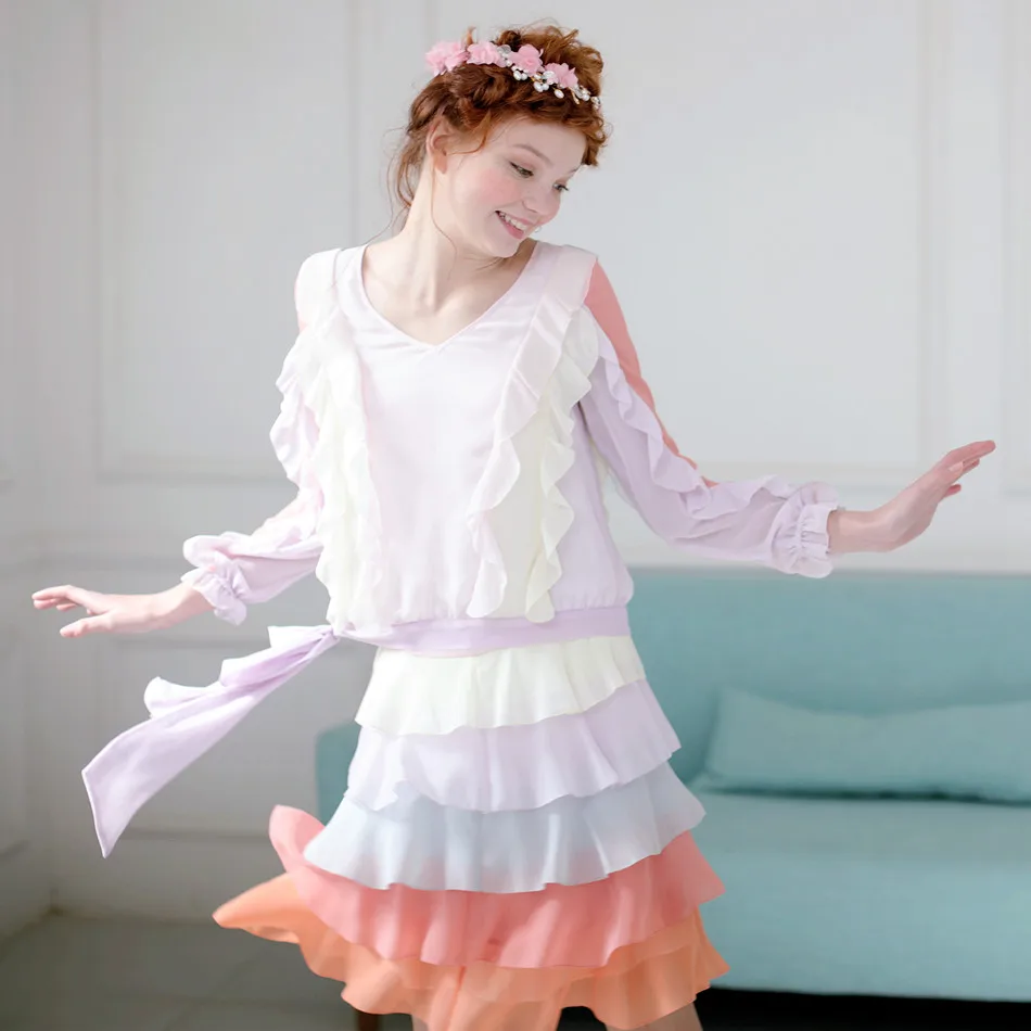 

LYNETTE'S CHINOISERIE Women Macaron patchwork ruffled pleated sleeve ruffle chiffon goldenbarr lightmindedness fresh shirt