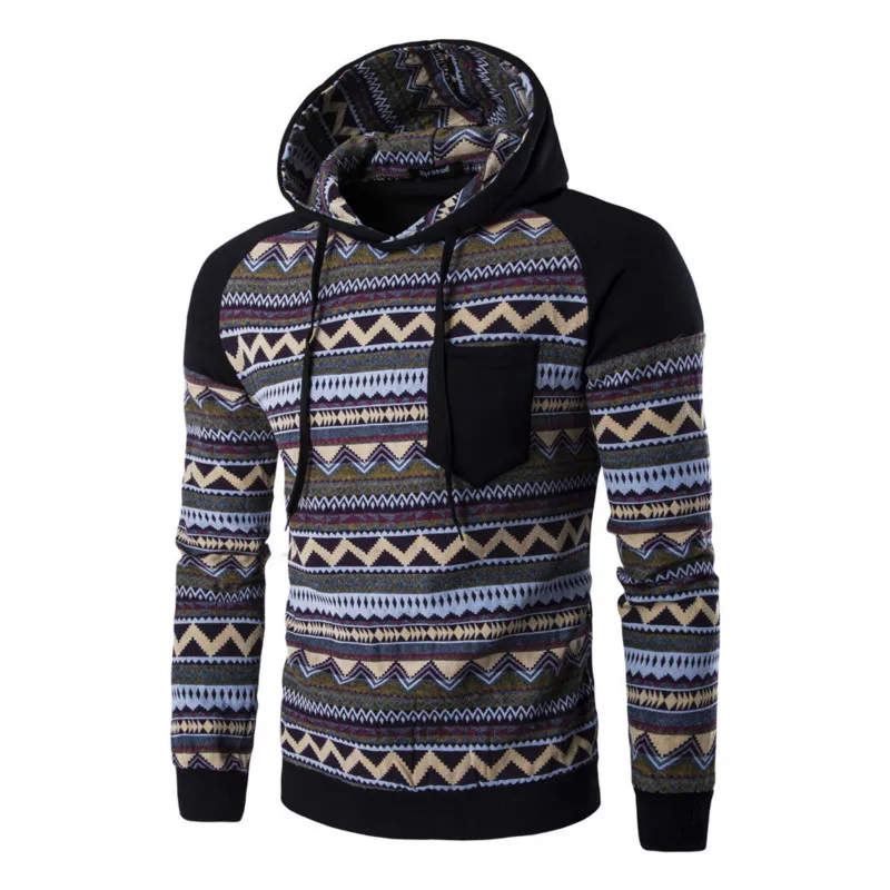 Raglan Sleeve Aztec Tribal Print Hoodie Teen Men Color Block Geometric Pattern Pocket Hooded Sweatshirt Bohemia Winter Outfits