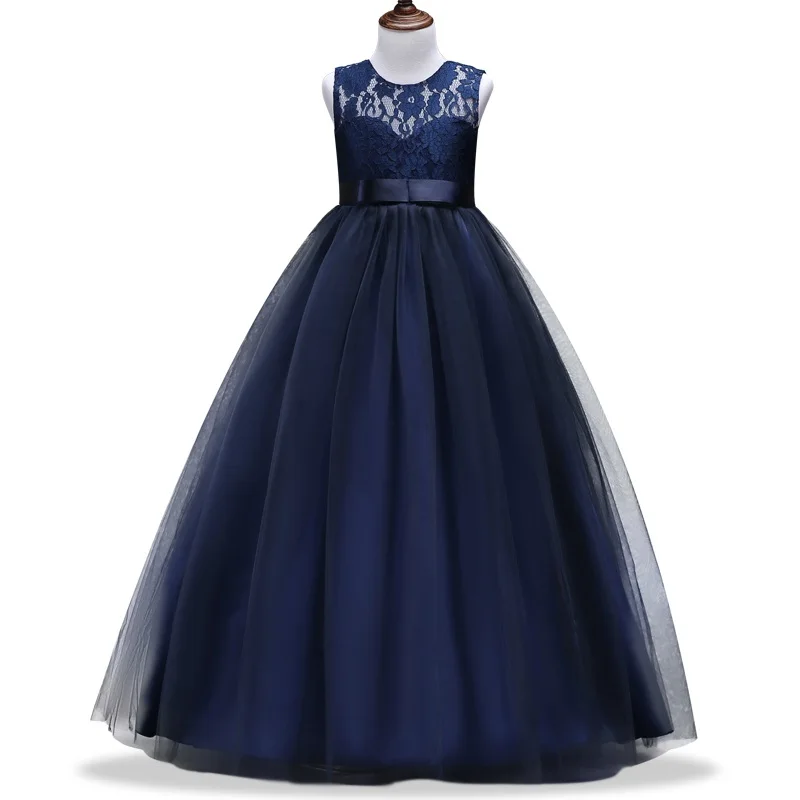 Кружевные платья для девочек от 4 до 14 лет одежда на год длинное платье принцессы без рукавов на день рождения, свадьбу, вечеринку Рождественский Костюм - Цвет: navy blue