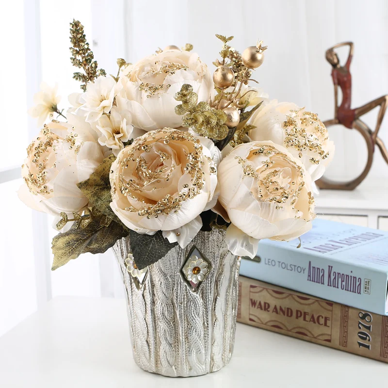 Europe Ceramic Vase+Artificial Flowers Set Figurines Fake Flower Rose