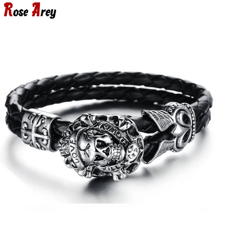 Wholesale Men Punk Jewelry Skull Love Stainless Steel Black Leather