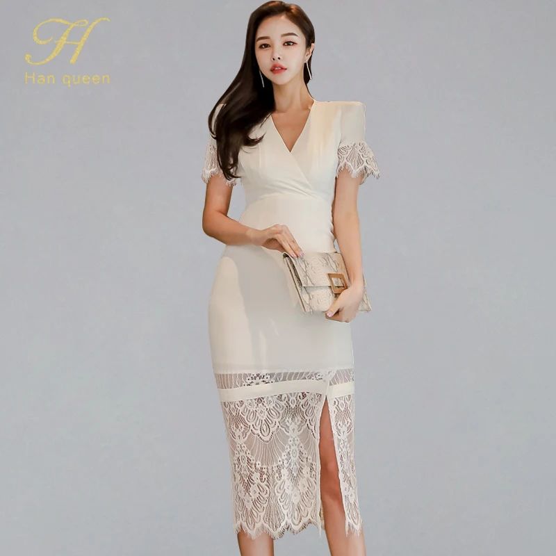 

H Han Queen Sexy Lace Hollow Out Pencil Dresses OL atchwork Split Deep V-neck Bodycon Dresses Elegant Patchwork Summer Vestidos