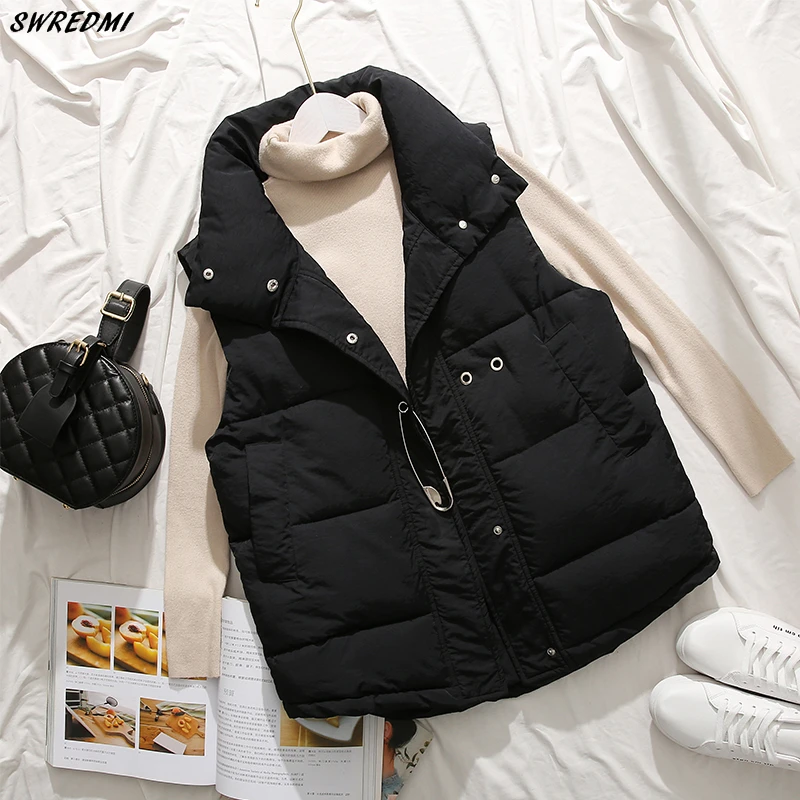 

SWREDMI Women Winter Vest 2019 Autumn Thick Warm Vest Female Stand Collar Short Waistcoat Plus Size Sleeveless Jacket Coat Gilet