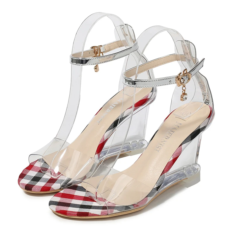 Silentsea/Кристальные клинья; сандалии; женские летние прозрачные босоножки на высоком каблуке; женские Босоножки с открытым носком; цвет синий; Размеры 35-41 - Цвет: red