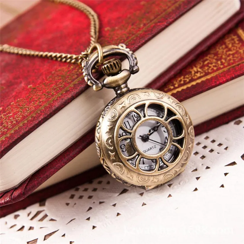 Карманные часы женские мужские кварцевые 1 шт. винтажные бронзовые часы с цветочным узором ожерелье часы унисекс кулон на цепочке 30M12