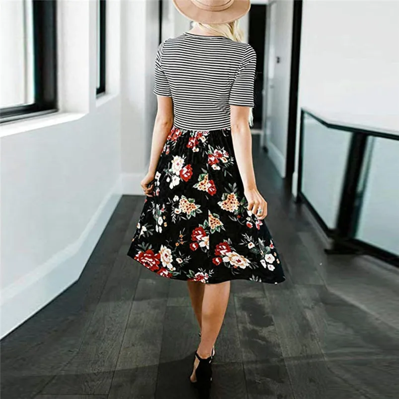  Women's Short Sleeve Stripe Floral Print Tie Waist Swing Midi Dress with Pockets Summer Holiday Dress For Ladies Girls 40MY14 (3)