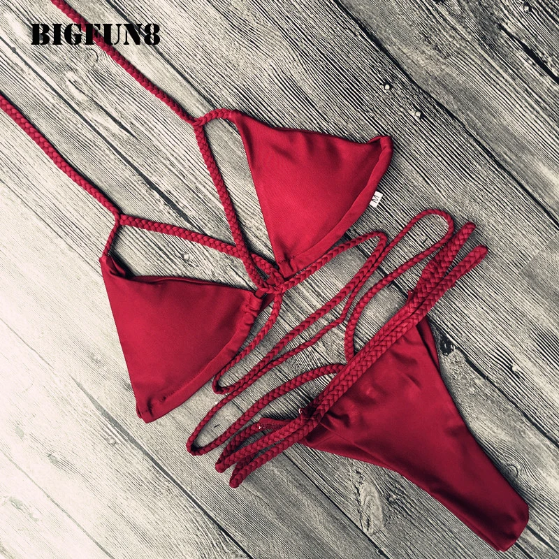 

2017 Summer Newest Sexy Bandage Bikini Set Summer Red Solid Swimsuit Woman Brazilian Style Halter Thong Monokini BKYX04