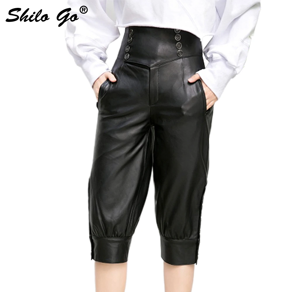 Leather Harem Pants Women Summer Streetwear Sheepskin Genuine Leather Pants Black Casual Knee Lenght Pants