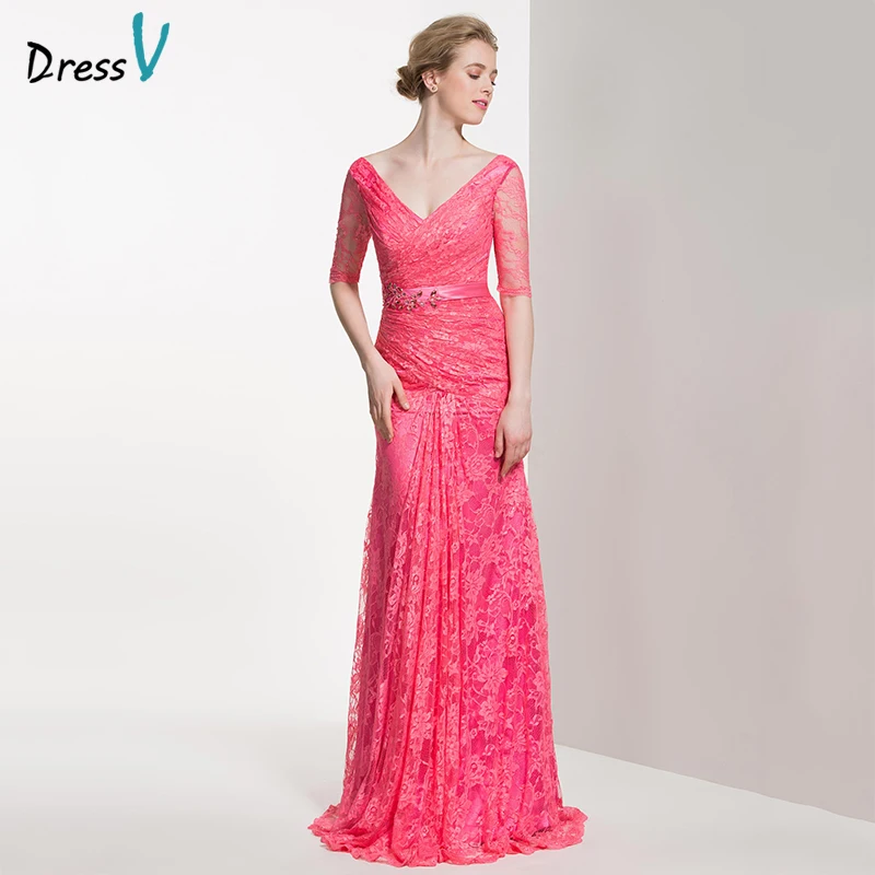 Dressv Long Bridesmaid Dress V Neck Half Sleeves Sheath Lace Beading Dressv Long Bridesmaid Dress V Neck Half Sleeves Sheath Lace Beading Pleats Sweep Custom Wedding Party