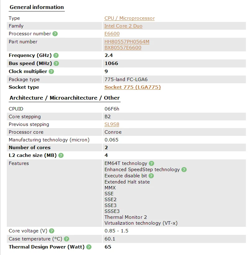 Процессор INTEL Core 2 Duo E6600 Socket LGA 775 cpu(2,4 ГГц/4 м/1066 МГц) 65 Вт