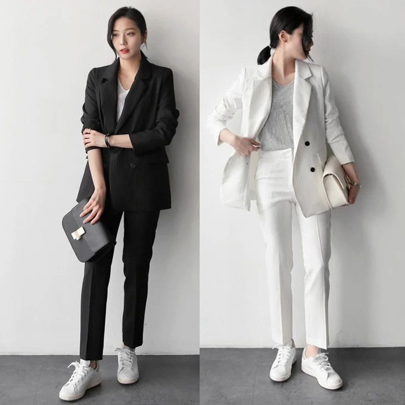Suit female two piece set2018 Work Pant Suits Double Breasted Striped Blazer Jacket Zipper Pant Office OL Lady Suit Suit female two piece set2018 Work Pant Suits Double Breasted Striped Blazer Jacket Zipper Pant Office OL Lady Suit