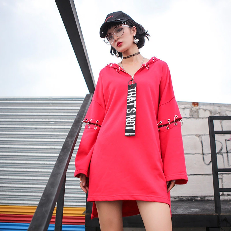 Trend Setter 18 Autumn Hip Hop Style Red Sweatshirt Women Matel Ring Pullover Hooded Splicing Sleeve Loose Hoodies Hoodies Sweatshirts Aliexpress