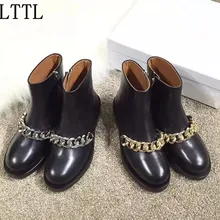 Lttl новая мода дамы лодыжки сапоги женщина черный мягкий кожаный круглый Носок Сапоги На Платформе Золотые Цепочки Низком Каблуке Ботинки Женщин 35-42