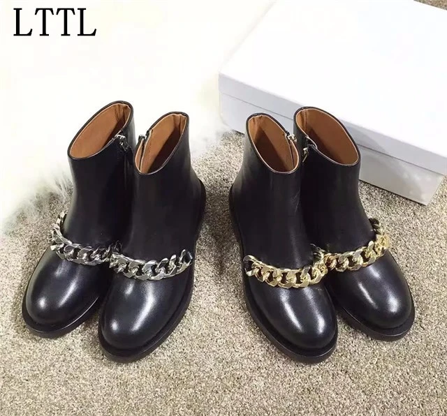 Lttl New Fashion Ladies Ankle Boots Woman Black Soft Leather Round Toe  Platform Boots Gold Chains Low Heels Women Boots 35-42 - Women's Boots -  AliExpress