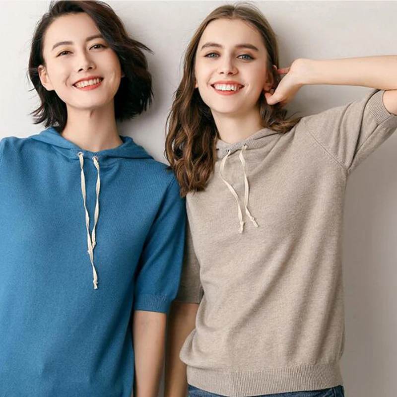 

Ladies Soft Cashmer Blend Sweater with hood and Drawstring korean tops silk touch summer match pullovers hood lace up sr510