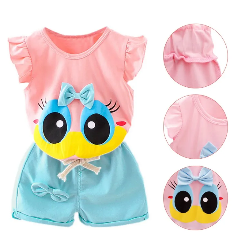

Hot Baby girl children's clothing set summer cartoon big eyes female baby summer suit girl two-piece jacket + shorts