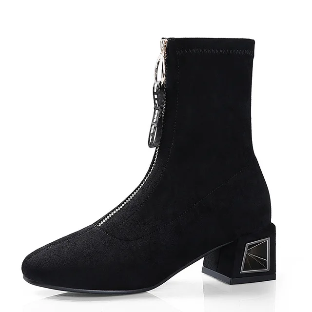 Boots children 2018 winter new increase thin slim boots front zipper warm Martin boots square with wild boots..