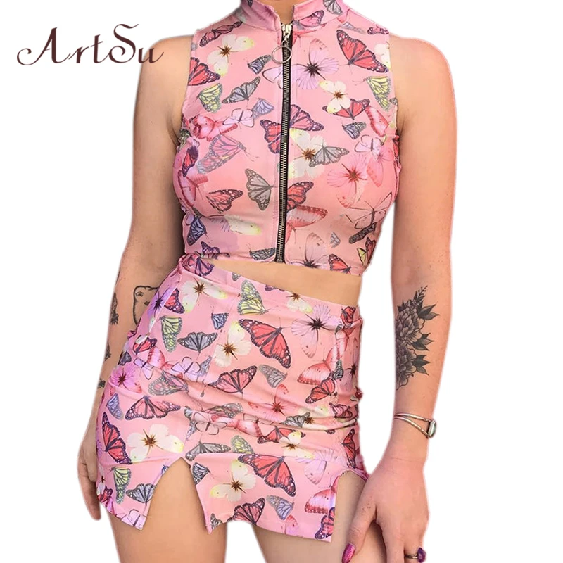 

ArtSu Pink Two Piece Set Butterfly Printed Crop Top And Skirt Tracksuit Women 2019 Summer Sexy 2 Pieces Mini Skirt Set ASSU20138