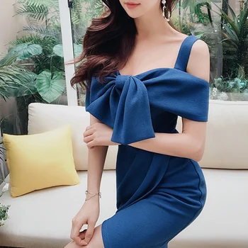 

Dabuwawa Women's Sexy Elegant Solid Color Shoulder Strap Party Dress New Summer Fashion Asymmetry Short Bow Dress DN1BDR052