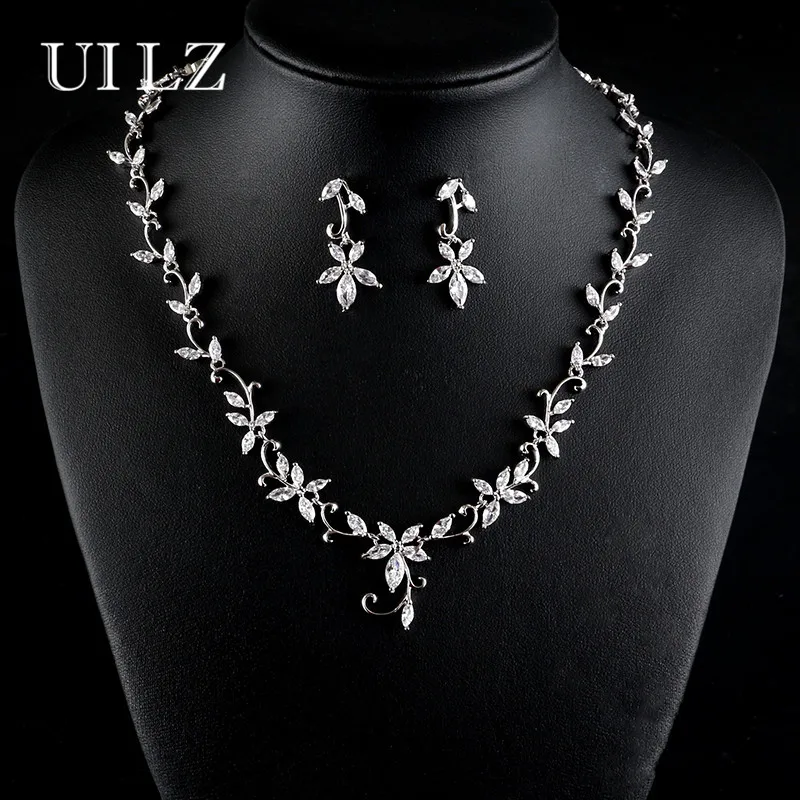 

UILZ Glamour/Branch Women's Wedding Jewelry Set Silver Color Zircon Flower Necklace Earrings Set Girl Accessories Gift 432