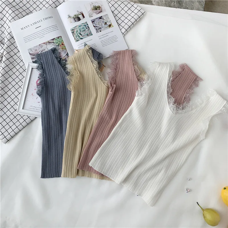 

2019 summer new women hollow out lace Knit V Neck Crop sexy lady Strap Camisole Tank Shirt tops pink sexy tops white shirt