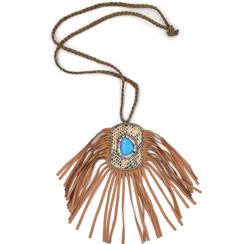 Ethnic Bohemian Boho leather Tassel long fringe pendants Necklace