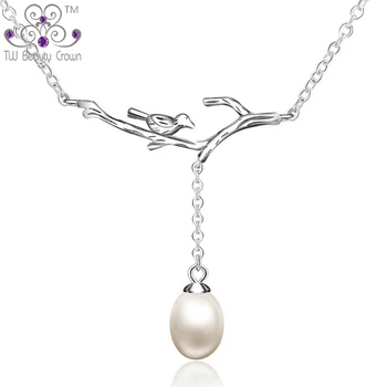 

Real 925 Sterling Silver White Oval Natural Freshwater Pearl Bird Branches Pendants Necklaces For Women Fashion Wedding Jewelry