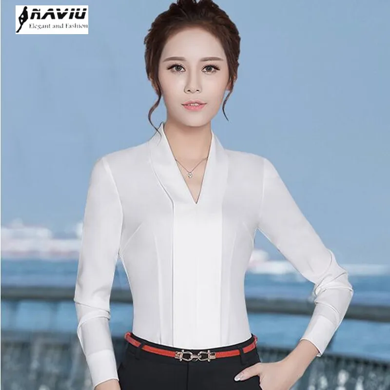 

New temperament V-Neck long sleeve white shirt women OL Eleangt formal slim chiffon blouse office ladies plus size work wear top
