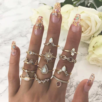 

12Pcs/Set Bohemian Vintage Crown Water Drops Stars Geometric Crystal Ring Set Women Charm Joint Ring Party Wedding Jewelry Gift