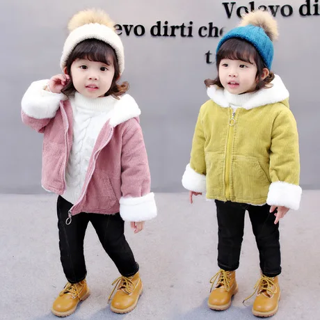 Шерсть и комбинированная Верхняя одежда и пальто детская одежда пальто для девочек Вельветовая зимняя модная одежда с капюшоном 80-120 см, новинка