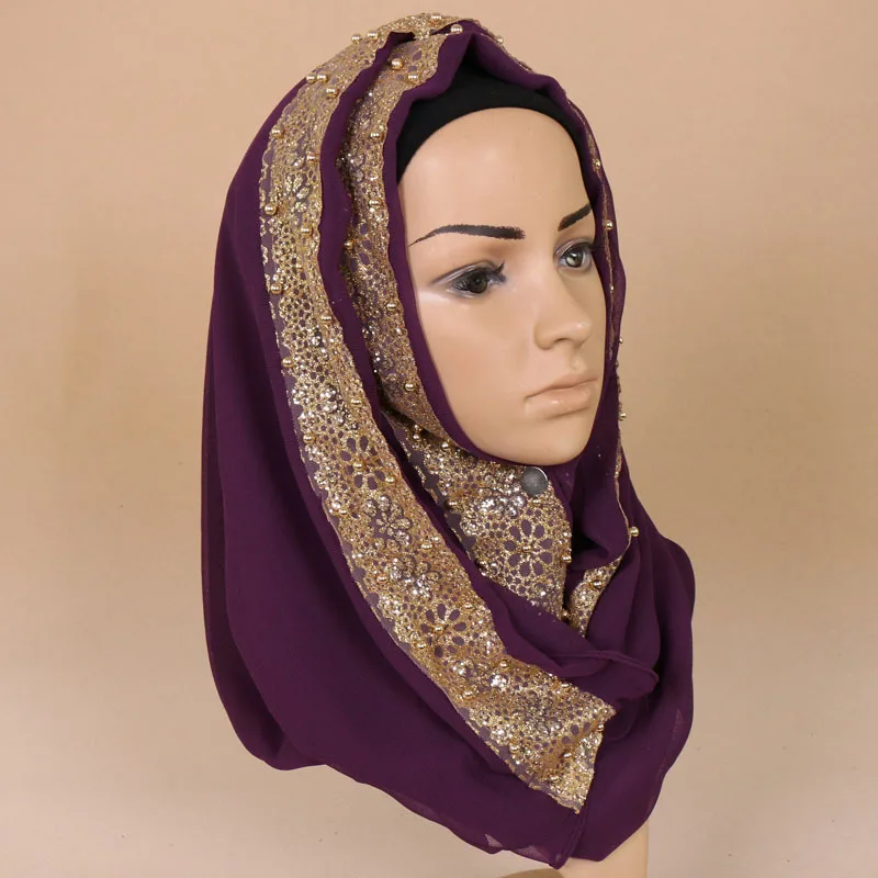 Новые мусульманские, однотонные, кружевные, жемчужные, цветочные хиджабы, блестящий тюрбан с цветком, шарф ислам, Женский качественный шифоновый шарф с бисером